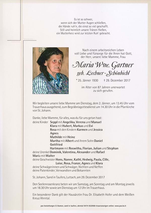 Maria Wwe. Gartner geb. Lechner Schönbichl